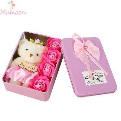 China Beautiful Colorful Soap Rose Flower With Little Bear In Iron Box Square Shaped Gifts Set Wedding Favors For Guests Children Gifts Little Ones In Christ for sale