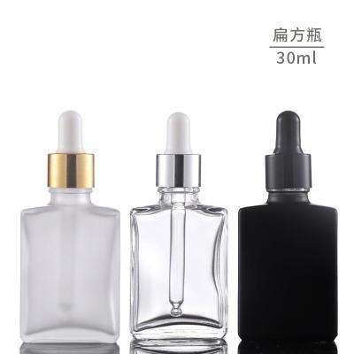 China Personal Care MUB Square 30ml Flat Empty Square Matte Black Glass Dropper Bottle Clear Frosted Essential Oil Dropper Bottle for sale