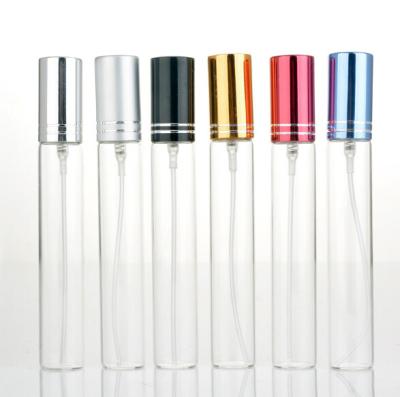 China Personal Care 5ml 10ml Empty Clear Glass Tube Spray Bottles With Colored Aluminum Atomizer For Perfume Packaging for sale