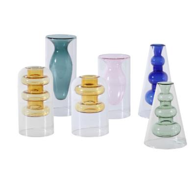 China Minimalist Clear Glass Bud Vases Wholesale Minimalist Home Decoration For Flowers /Double Walled Colored Glass Vase for sale