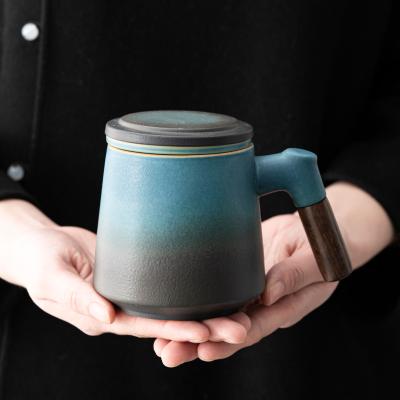 China Viable Simple Retro Ocean Blue Stoneware Tea Cup Mug Tea Cup and Water Separation Desktop Cup Liner Filter Tea Cup for sale