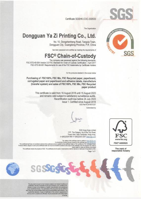 FSC - Dongguan Yazi Printing Co., Ltd.