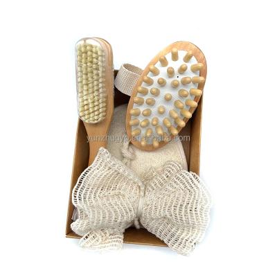 China Bath Brush Suit 4pcs Set Bath Brush Boar Hair Dry Body Brush Back Exfoliation Scrub Massage Dry Skin Body Brush Wooden Spa Set for sale