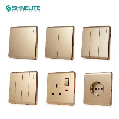 China BS 10A Luxury UK Standard Wall Outlet 1/2/3/4 Gang 1 Way Light Switch Standard Electrical Switches Gold Color With Indicator Light for sale