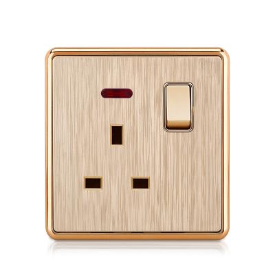 China Commercial Hot Sale Gold Brushed PC Plate 13A Socket Single Electrical Switched Wall Outlet for sale