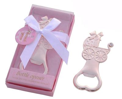 China Viable Baby Shower Or Wedding Favors Favors Box Gold Baby Carriage Design Elegant Baby Bottle Opener for sale