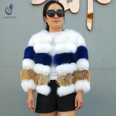 China Real Russian viable style fashion fox fur jacket white mixed dyed luxury fur coat for women for sale