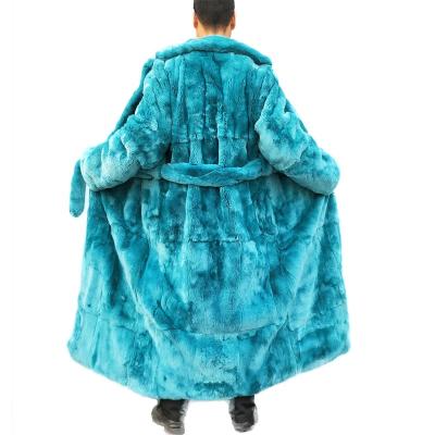 China Real Winter Design Long Genuine Rex Rabbit Fur Coat High Quality Warm Anti-Shrink Men's Fur Coats With Waist Belt for sale