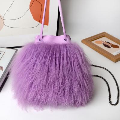 China Long Curly Hair Real Lamb Fur Long Haired Sheep Fur Shoulder Bag High Quality Genuine Mongolian Bag Custom Color for sale