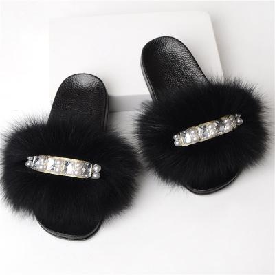 China 2021Faux Fur Flip Flops Diamond Chain Fur Fluffy Slides Anti-slippery Hairy Slippers Sandals For Women Ladies for sale