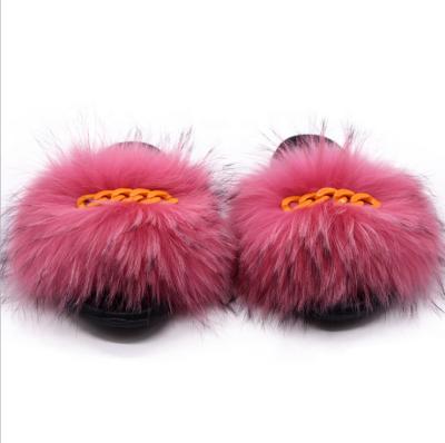 China Hot Selling Soft Anti-slippery Women's Fur Slides Custom Color Faux Fur Slippers Women Home Sandals With Chains On Fur for sale