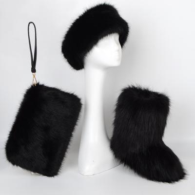 China Anti-slip faux fur boot set women boots with matching fur headband and purse for sale