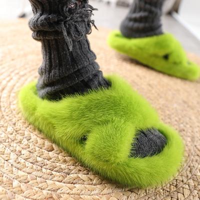 China 2021 New Factory Design Eva Style Strap Sandals Ladies Real Mink Fur Women Anti-slippery Soft Home Slides Cross Slippers Wholesale for sale