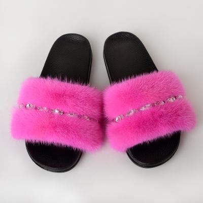 China Wholesale Anti-slippery Real Fur Casual Slides Mink Women Outdoor Slippers With Crystal Chains For Women Ladies for sale