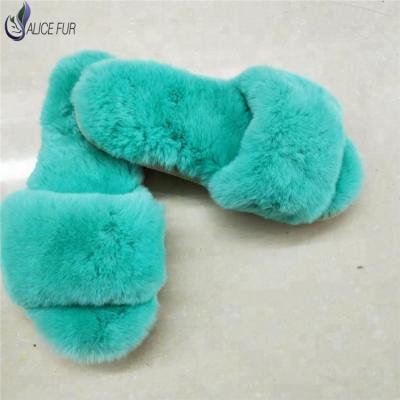 China Wholesale Custom Made Slippers Rabbit Rex Slipper Shoes Women Real Fur Anti-Slippery Fur Slides Sandals for sale