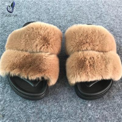 China Fashion ALICEFUR Trend Shape Popular Logo Fur Toe Open Toe Women's Rex Rabbit Fur Outdoor Slippers Custom Made Slides for sale