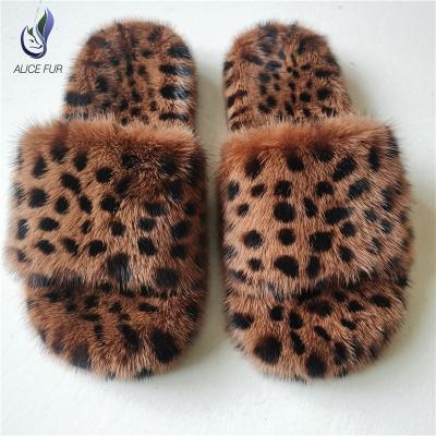 China Real Design Mink Fur Slide Sandals Leopard Indoor Wholesale Women Anti-slippery Full Covered Mink Fur Slippers for sale