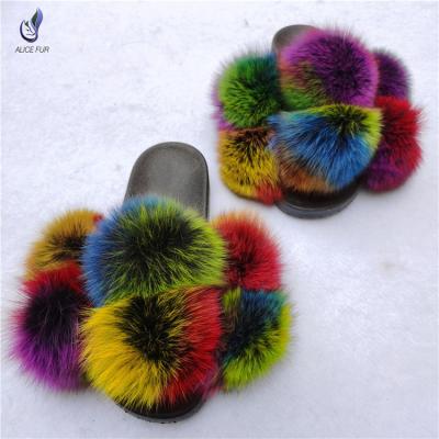 China Real Fur Slippers Fashion Design Ladies Hair Custom Color Super Fluffy Popular Anti-Slippery Balls for sale