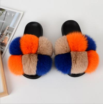 China Pom Pom Fur Slides Fur Slippers High Quality Anti Slippery Clean Real Raccoon Fox Fur Slippers Brand Six Ball Slides for sale