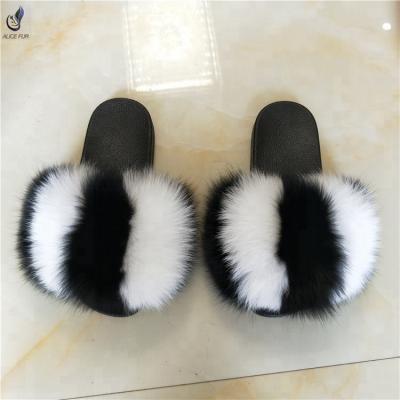 China Wholesale Anti Slippery Custom Design Women Real Fur Soft Slides Fox Fur Fluffy Slippers For Summer Fur Sandals for sale