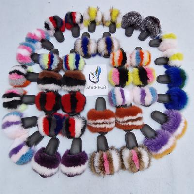 China ALICEFUR Colorful Fox Fur Slides Women's Fur Slippers Anti-slippery Fur Sandals for sale