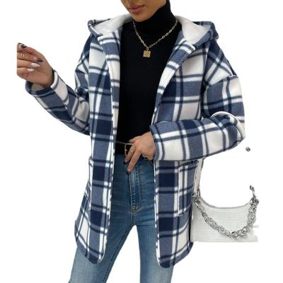 China Custom Design Wool Hooded Women's Casual Plaid Coat Hoodies Windproof Plaid Long Sleeve Plaid Coat for sale