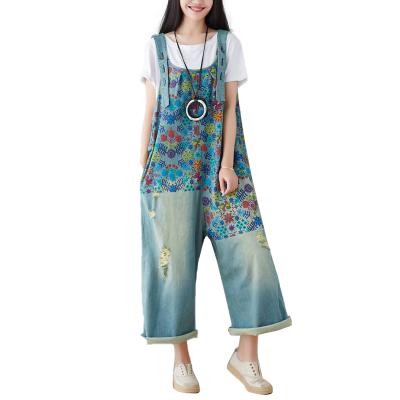 China Hot Selling Women's 100% Daliy Life Floral Print Amazon Pants Jeans Pants Breathable Casual Loose Drop Crotch Cotton Overalls Jumpsuits for sale