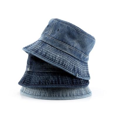 China Hot Wholesale Custom Designer Luxury Washed Character Distressed Loose Empty Cap Fishing Jean Denim Adult Bucket Hats For Men And Women for sale