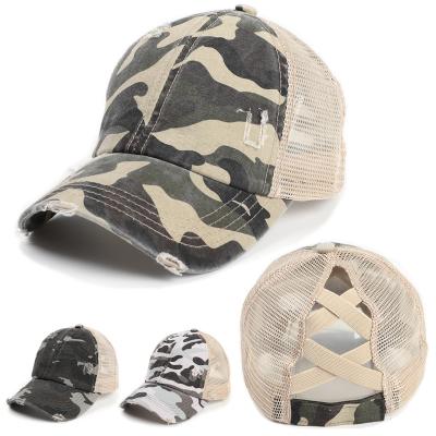 China COMMON HOT Fashion Cross Hat Washed Messy Distressed Baseball Cap Camouflage Tail Cap Bun Hat For Women Trucker Hat for sale