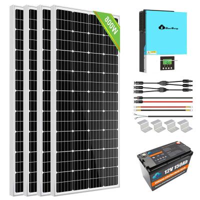 China Home Appliances 800W Off Grid Solar Energy Storage System For Home 2 Pcs 12V150 Oh Lifepo4 4pcs 200W Solar Panel +2400W Inverter+accessories for sale