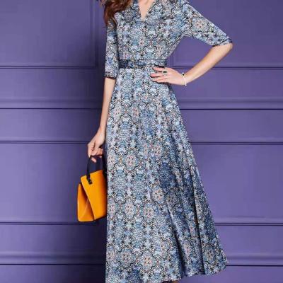 China France Anti-Static Order Dress Elegant V-Neckline Printed Women's Daily Dress Ladies Casual Wear Long Dress Big Size for sale