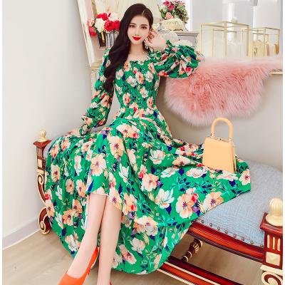 China Europe Sustainable Hot Sale Green Floral Print Chiffon Dress Beach Bohemian Dresses for sale