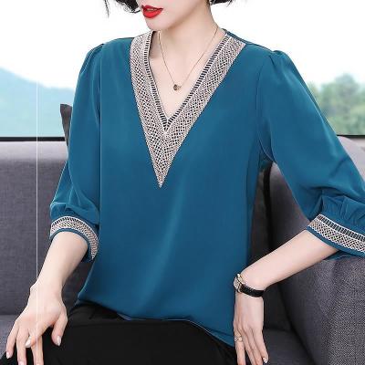 China Chiffon Plus Size Fashion Lace Up Short Sleeve Women Blouses Plus Size Women Elegant V-Neck Tops Blouses for sale