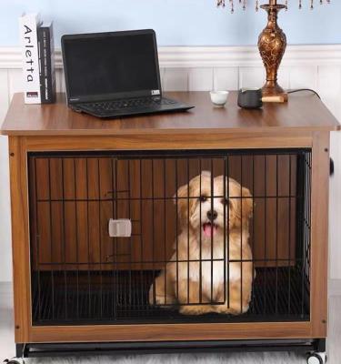 China Wooden frame and durable indoor steel bars cage with top edge wooden dog cage for sale