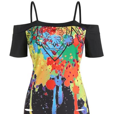 China Breathable 2021 Paint Splatter Print Open Loose Shoulder T-shirt Oversized Ripped Dress for sale