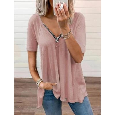 China 2021 Anti-Wrinkle Hot Selling Ruffle Loose V-Neckline Off The Shoulder Solid Color Women Zip Up V-neck T-shirt for sale