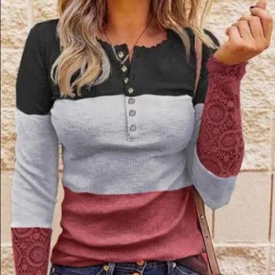 China wholesale Anti-wrinkle feminine women's clothing lace hollow out color block button splice blouse in multicolor long sleeve women's tops for sale