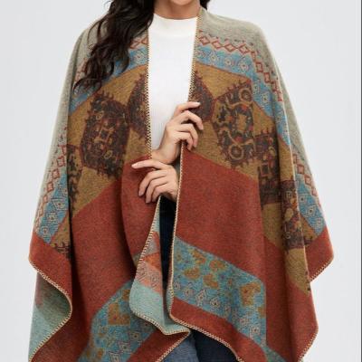 China Viable Wholesale Ladies Sheath Long Winter Warm Lmitation Cashmere Cape Shawl Scarf Coat Retro for sale