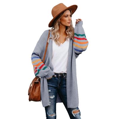 China 2021 Wholesale Anti-wrinkle Women White Striped Balloon Sleeve Knit Sweaters Long Cardigan for sale