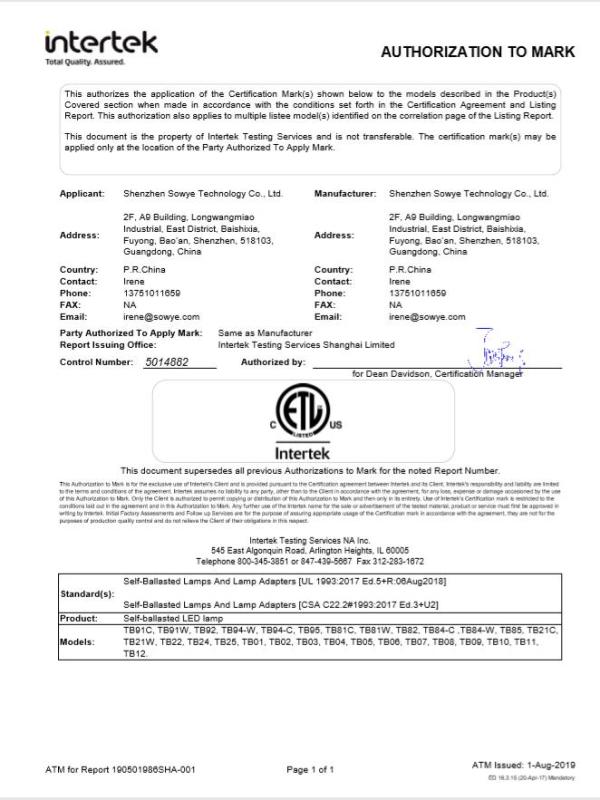 ETL - Shenzhen Sowye Technology Co., Ltd.