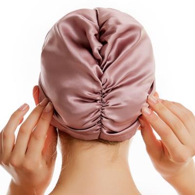 China 100% Silk Plush 16mm Turban Sleep Cap Women Wrap Double Layer Hair Hoods With Elastic Band Silk Hood for sale