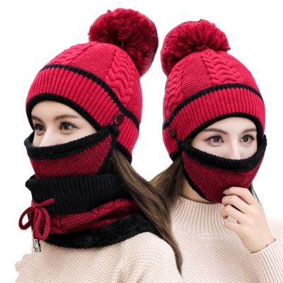 China COMMON Ski Face Cap Neck Warmer Winter Women Wool Hat Scarf Knitted Beanie Thick Hats Set Female Beanies Mow Hats for sale