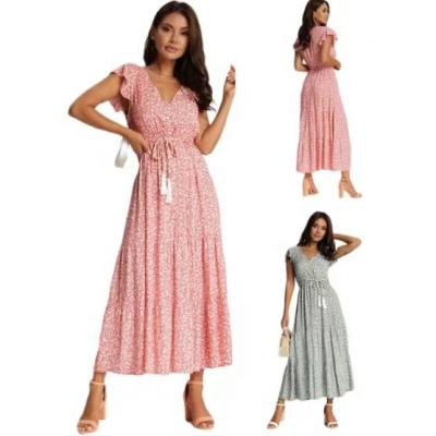 China New Summer Women's Casual V-Neckline Anti-wrinkle Waist-tucked Floral Lace-up Maxi Dress for sale