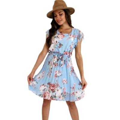 China Anti-wrinkle high quality fashion floral crewneck women's short pleated dress for sale