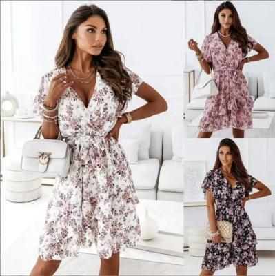 China Casual Elegant V-Neckline Slim Waist Anti-wrinkle Summer Fashion Ladies Floral Dress for sale