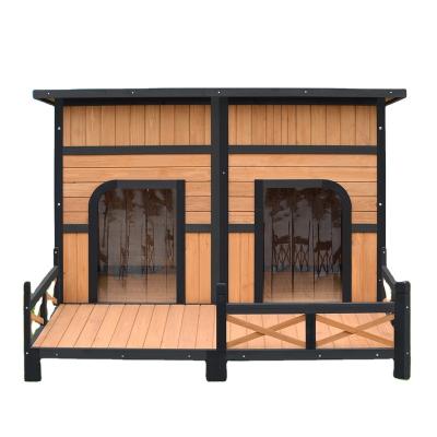 China Durable solid wood weatherproof and windproof kennels with PVC curtain doors and large balcony, eco-friendly pet kennels for sale