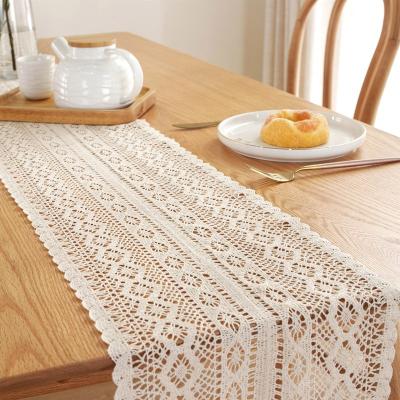 China Linen white lace stripe insimple cotton hollow hand - woven coffee table flag party birthday tablecloth rectangular runner for sale