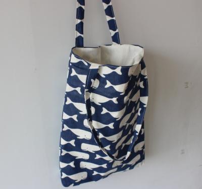 China Recyclable Factory Direct Fish Print Blue Student Canvas Tote Cotton Bag for sale