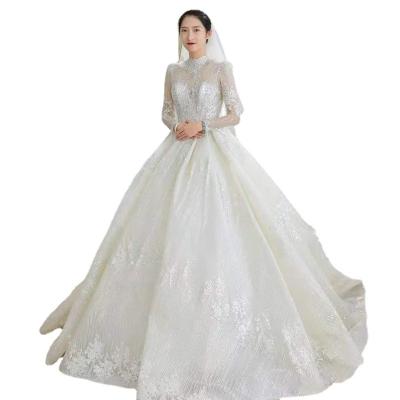 China Plus Size 2021 Hot Sale Long Tailed Princess White Lace Long Sleeve Wedding Dress for sale