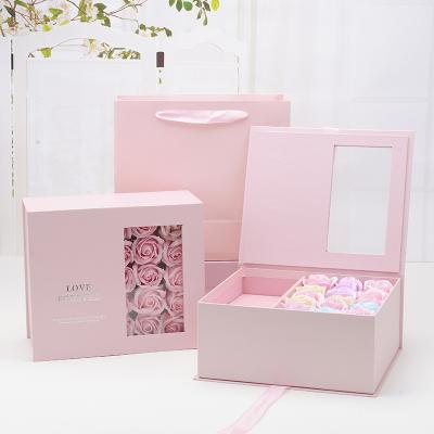 China Wholesale Customized Beautiful Materials Wholesale Recycled Flower Boxes High Quality Luxury Luxury Gift Box With Window Ribbon Closure for sale